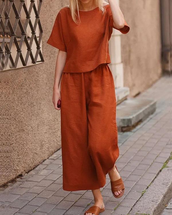 Clidress Solid Wide Leg Cotton Linen Two Pieces Set