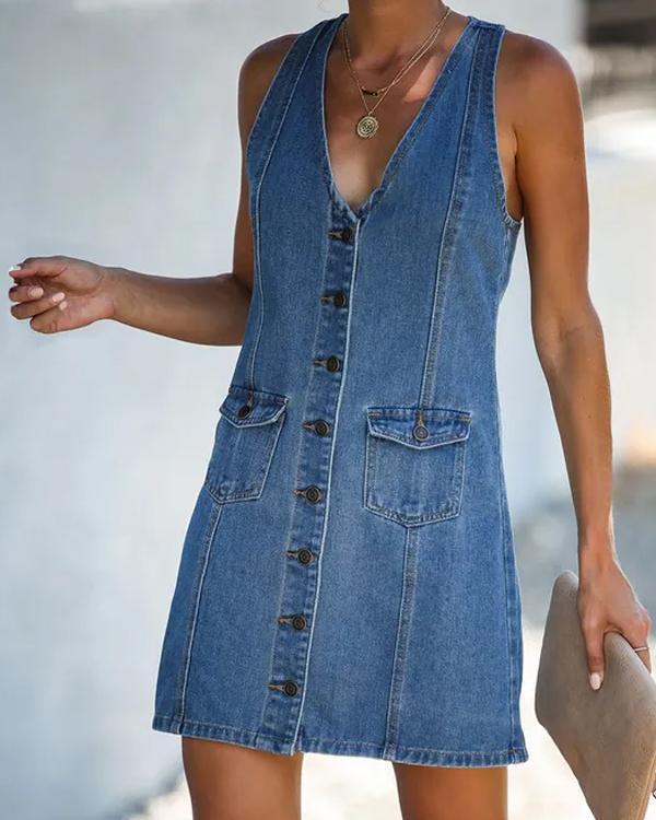 Clidress Button Down Tank Top Denim Mini Dress