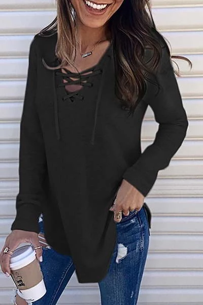 Clidress Lace-Up V Neck Top T-shirt