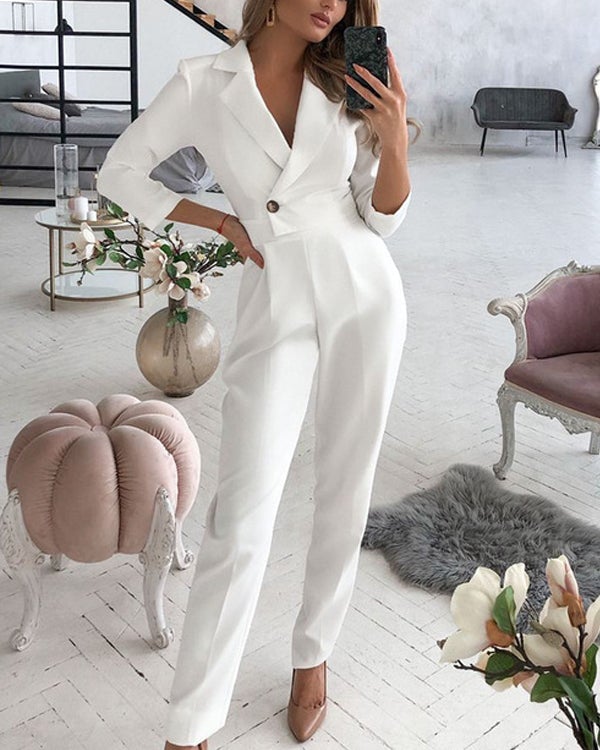 Clidress Lapel V Neck Suit Jumpsuit