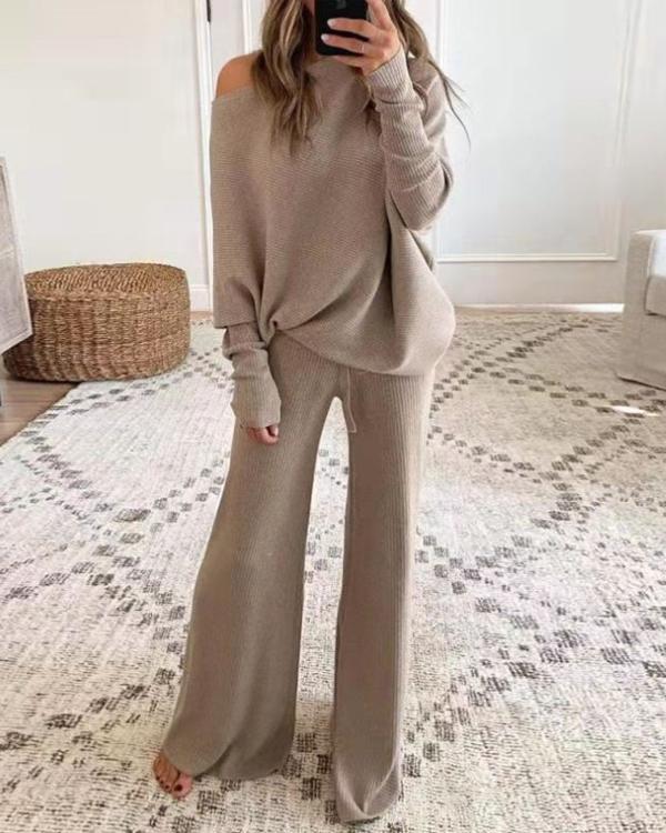 Clidress Sweater Wide Leg Knitting Pants 2 Pieces Set