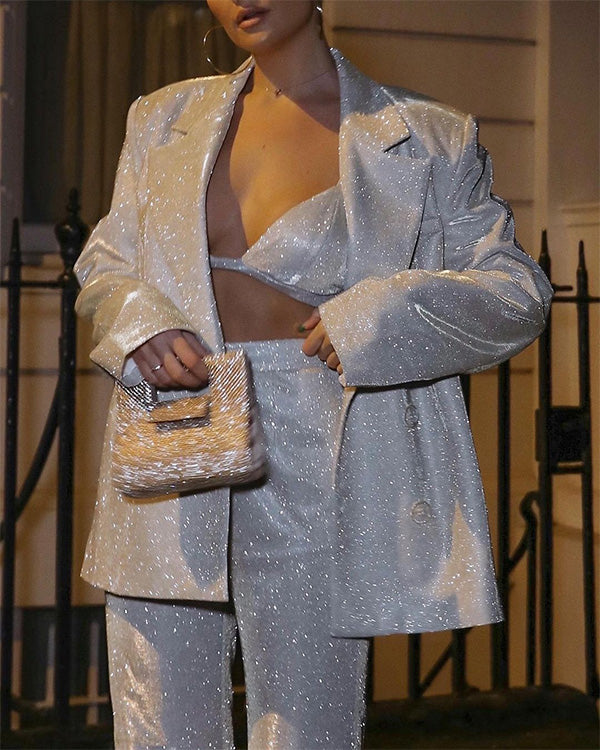 Clidress Metallic Bra Top &Blazer &Pants 3 Pieces Set