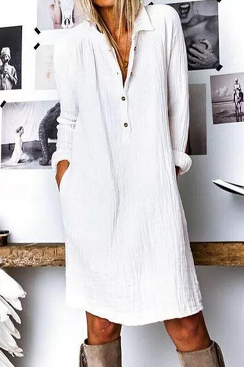 Clidress Cotton Linen Lapel Shirt Dress