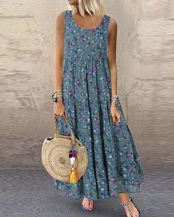 Clidress Retro Floral Cotton Maxi Dress