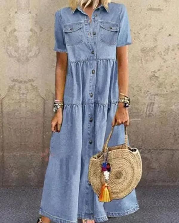 Clidress Button Down Denim Maxi Dress