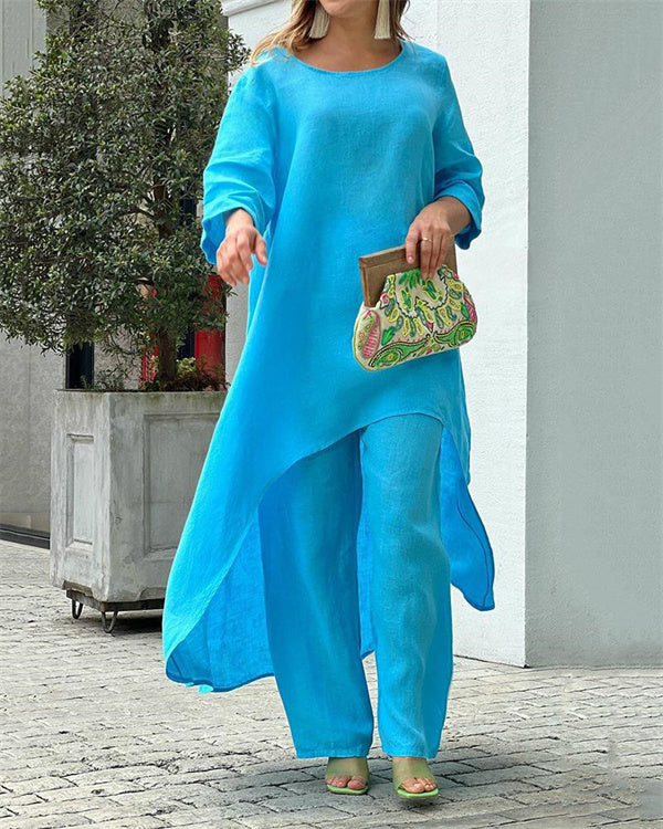 Clidress Cotton Linen Plus Size Irregular 2 Pieces Set
