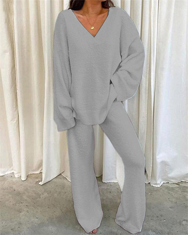 Clidress Solid V Neck Warm Soft 2 Pieces Set