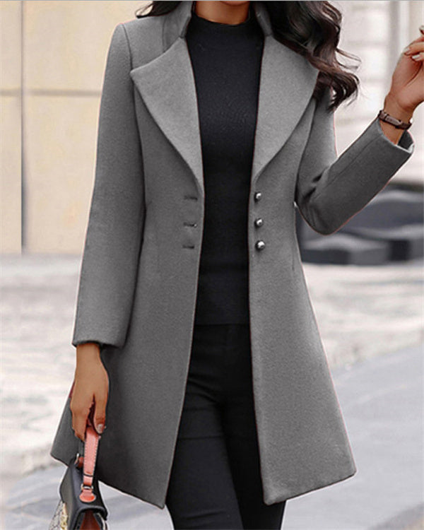 Clidress Lapel 3 Button Simple Wolllen Coat Overcoat