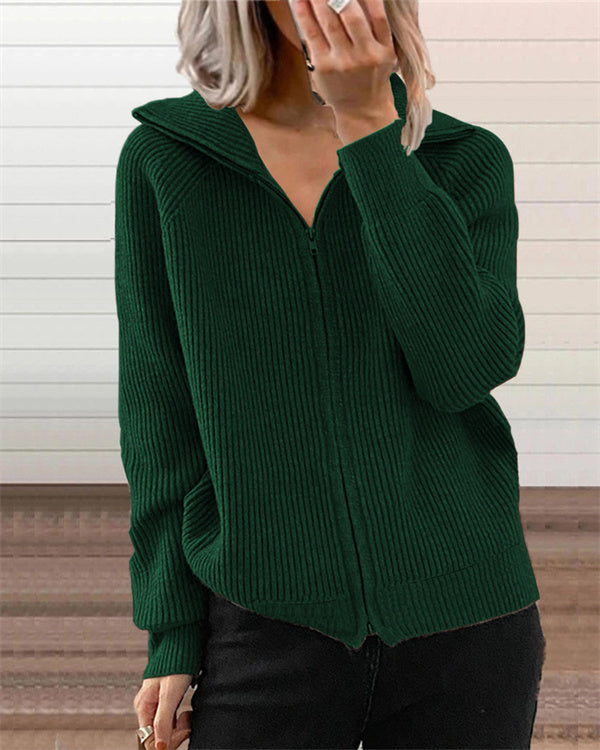 Clidress Lapel Zipper Knitting Sweater Jacket