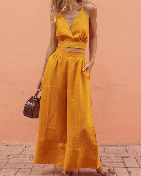 Clidress Crop Top Wide Leg Pants 2 Pieces Set