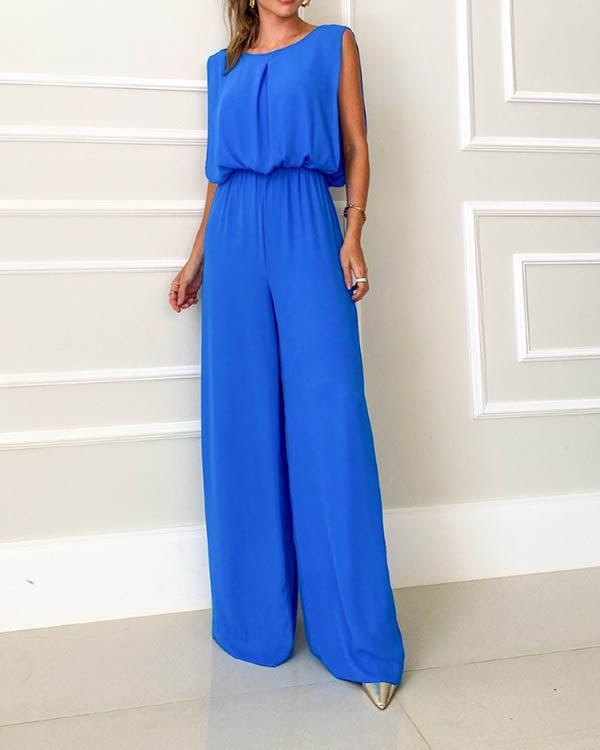 Clidress Solid Elastic Waist Jumpsuit
