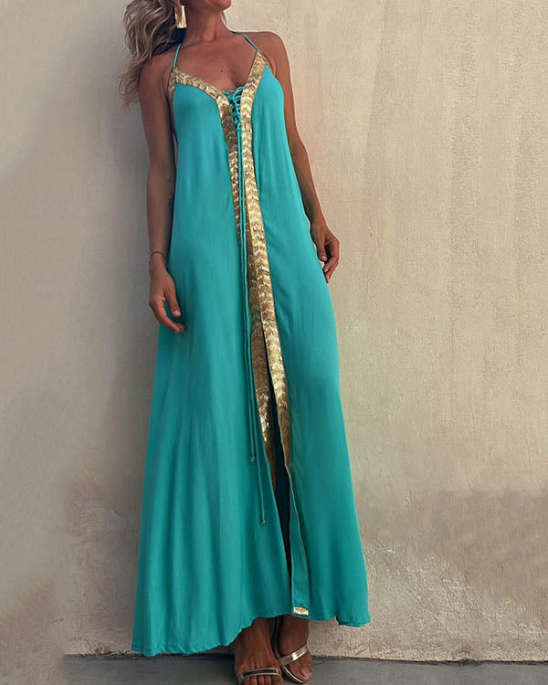 Clidress Holiday Golden Ribbon Lace Up Maxi Dress
