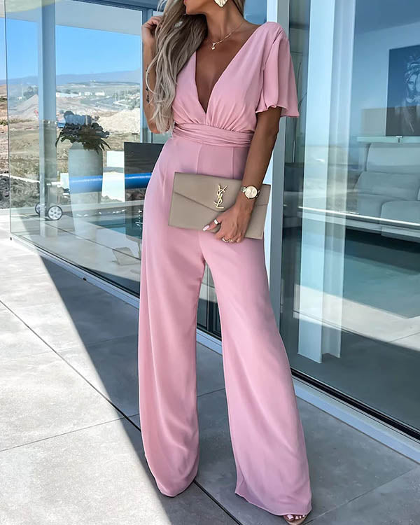 Clidress V Neck Wide Leg Casual Jumpsuit