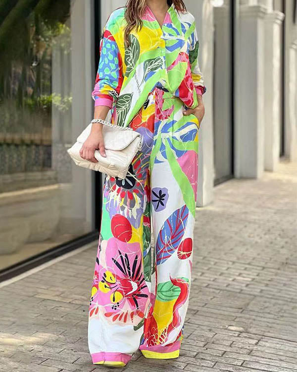 Clidress Colorful Floral Shirt & Wide Leg Pants Set