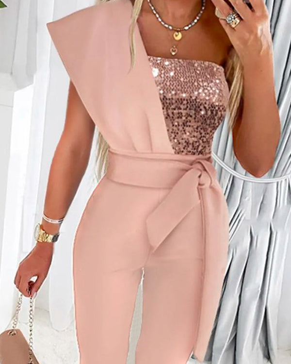 Clidress Chic Off Shoulder Sequin Jumpsuit