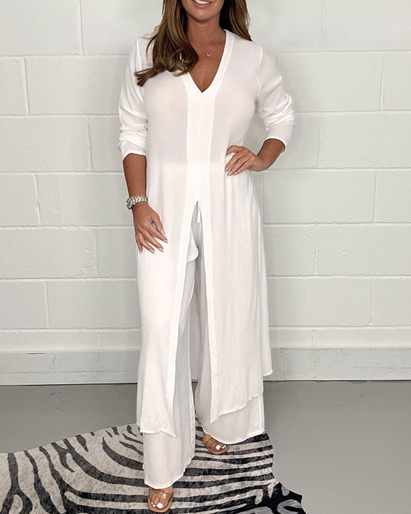 Clidress V Neck Front Split Long Top & Pants Set