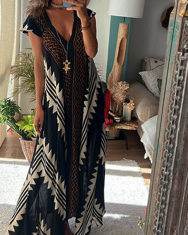 Clidress V Neck Bohemian Geometric Printed Dress