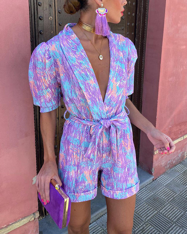 Clidress V Neck Puff Sleeve Dopamine Jumpsuit