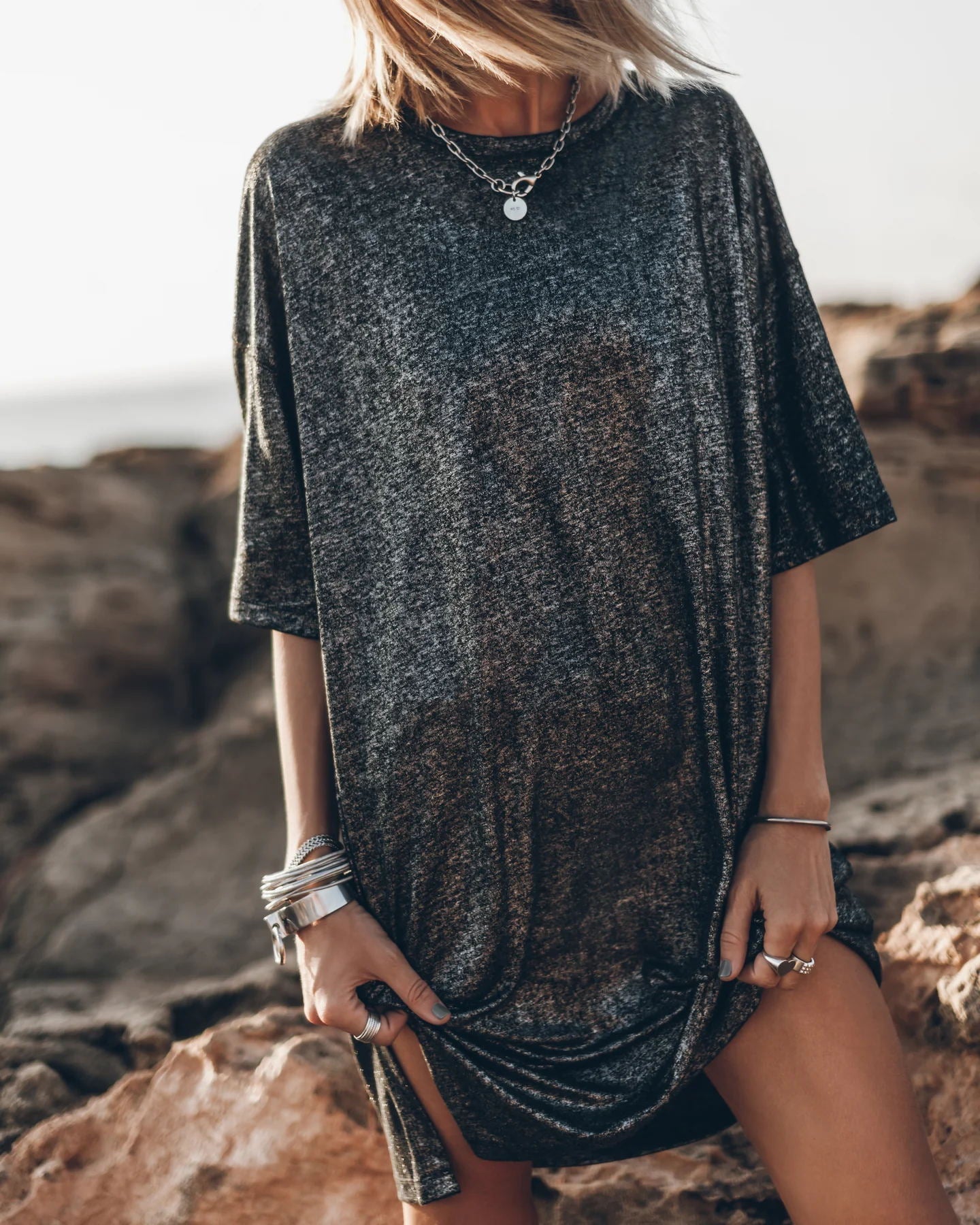 Clidress Gliter Metallic Long T-shirt Dress