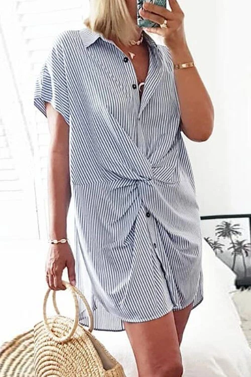 Clidress Striped Trist Knot Shirt Dress