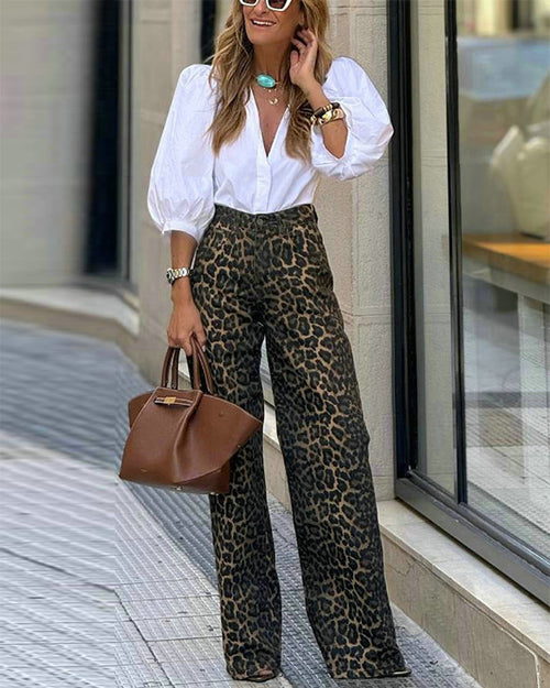 Clidress Blouse Shirt & Leopard Pants Set