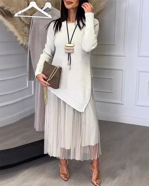 Clidress Irregular Sweater Mesh Pleated Dress Set