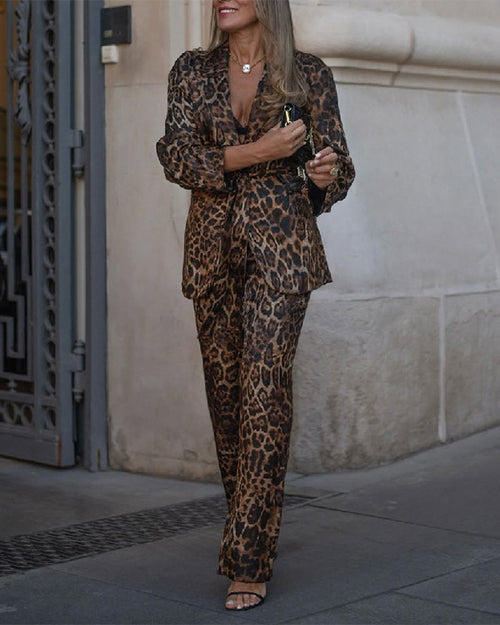 Clidress Leopard Suit Blazer and Pants 2 Pieces Set