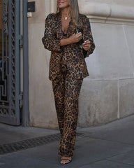 Clidress Leopard Suit Blazer and Pants 2 Pieces Set
