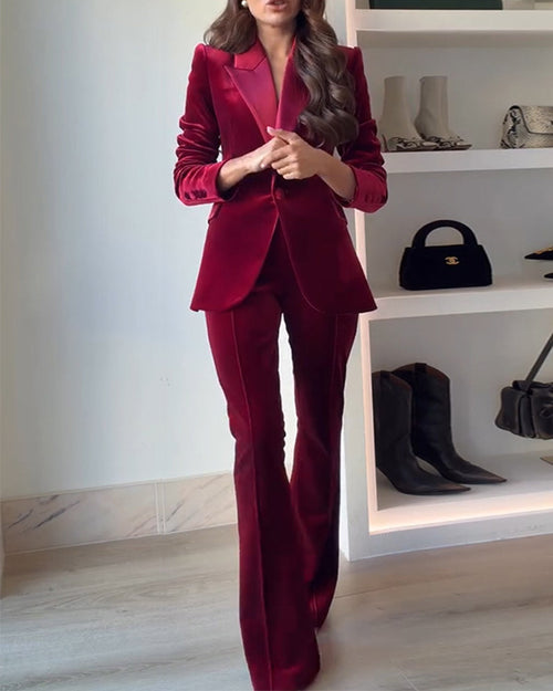 Clidress Lapel  Velet Blazer  Suit  & Loose Pants