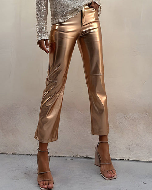 Clidress Metallic PU Leather Straight Pants