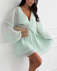 Clidress V Neck Bubble Sleeve Pleated Dress