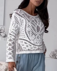 Clidress Hollow-out Top & Denim Feel Pants Set