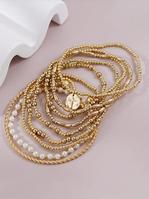 9pcs CCB & Faux Pearl Bracelet Set