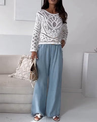 Clidress Hollow-out Top & Denim Feel Pants Set