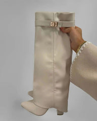 Clidress Pointed Toe Knee Fold Over Leather High Boots