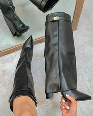 Clidress Pointed Toe Knee Fold Over Leather High Boots