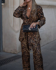 Clidress Leopard Suit Blazer and Pants 2 Pieces Set