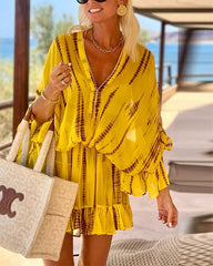 Clidress Boho V Neck Bat Sleeve Ruffled Mini Dress