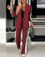 Clidress Lapel Patckwork Jacket & Loose Pants Suit Set