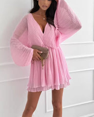 Clidress V Neck Bubble Sleeve Pleated Dress