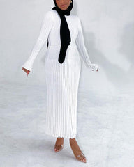 Clidress Chic V Neck Ribbed Knitting Pleated Maxi Dress