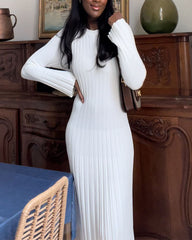 Clidress Chic V Neck Ribbed Knitting Pleated Maxi Dress
