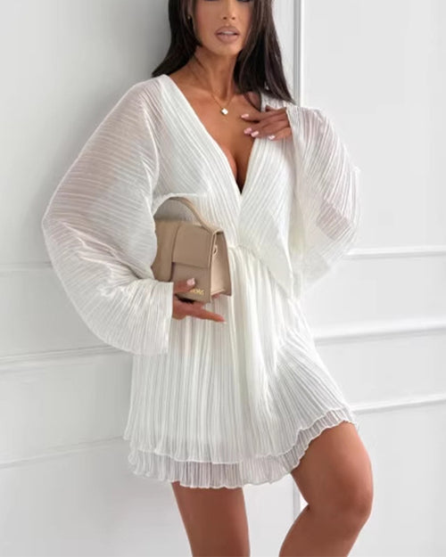 Clidress V Neck Bubble Sleeve Pleated Dress