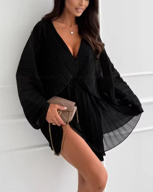 Clidress V Neck Bubble Sleeve Pleated Dress