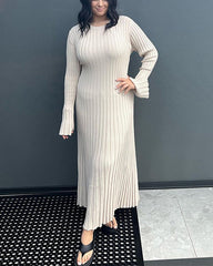 Clidress Chic V Neck Ribbed Knitting Pleated Maxi Dress