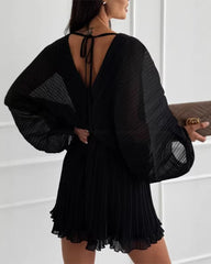 Clidress V Neck Bubble Sleeve Pleated Dress