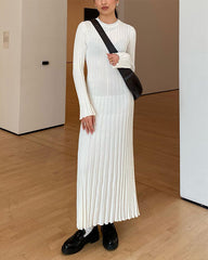 Clidress Chic V Neck Ribbed Knitting Pleated Maxi Dress