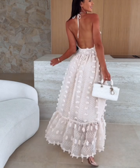 Clidress Halter Neck Backless 3D Flower Dress