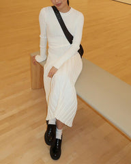 Clidress Chic V Neck Ribbed Knitting Pleated Maxi Dress