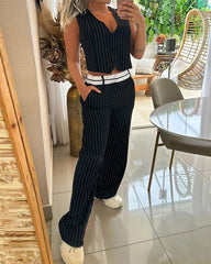 Clidress Classic Striped V Neck Top & Pants Set